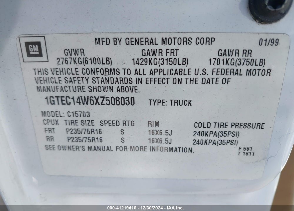 1999 GMC SIERRA 1500 SL VIN: 1GTEC14W6XZ508030