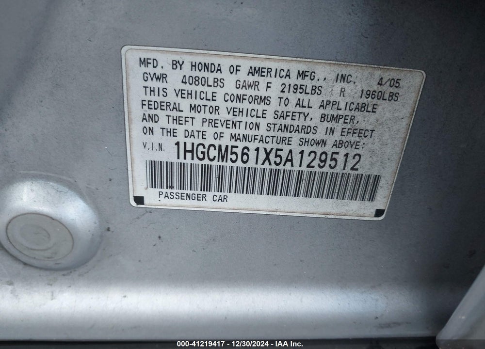 2005 HONDA ACCORD 2.4 DX VIN: 1HGCM561X5A129512