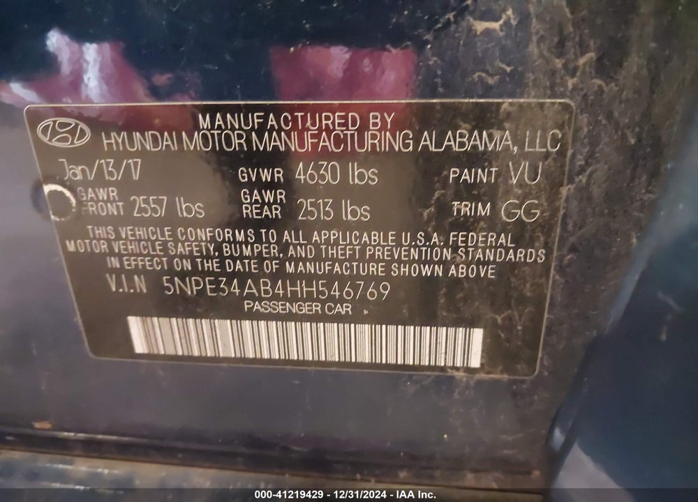 2017 HYUNDAI SONATA VIN: 5NPE34AB4HH546769