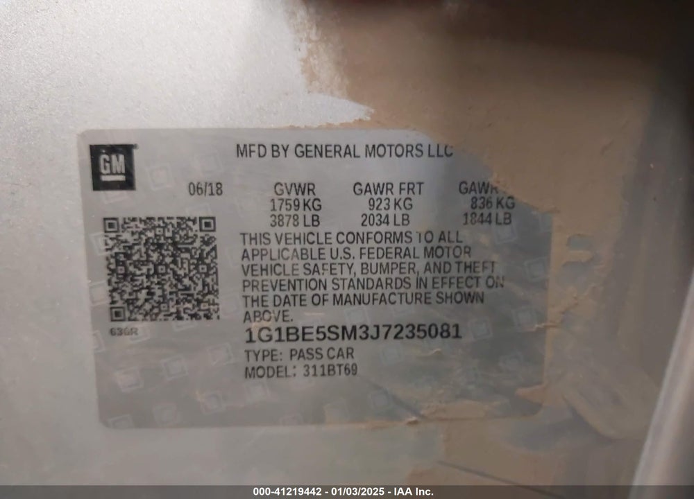 2018 CHEVROLET CRUZE VIN: 1G1BE5SM3J7235081