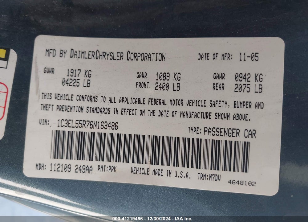 2006 CHRYSLER SEBRING TOURING VIN: 1C3EL55R76N163486
