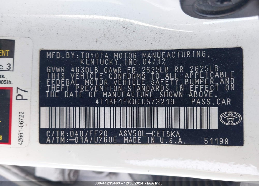 2012 TOYOTA CAMRY SE VIN: 4T1BF1FK0CU573219