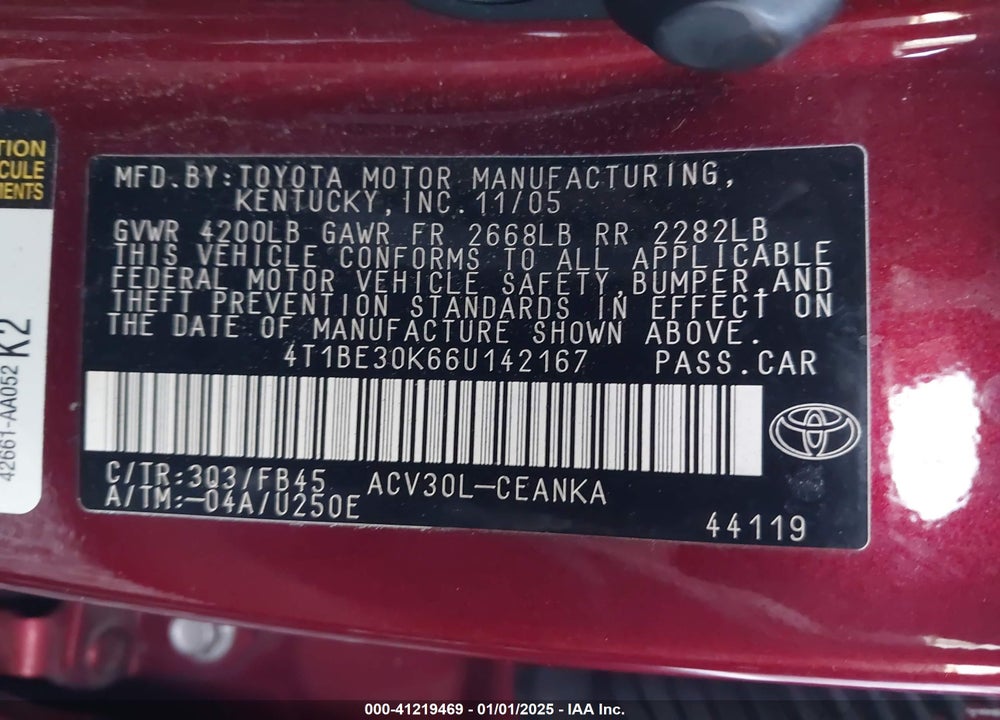 2006 TOYOTA CAMRY LE VIN: 4T1BE30K66U142167