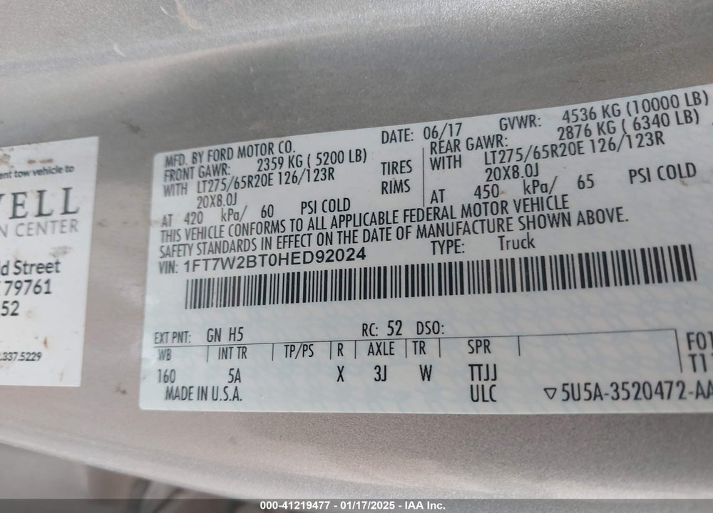 2017 FORD F250 VIN: 1FT7W2BT0HED92024
