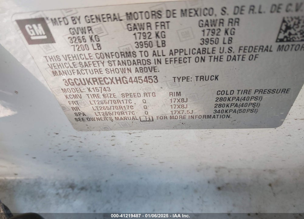 2017 CHEVROLET SILVERADO 1500 1LT VIN: 3GCUKRECXHG445453