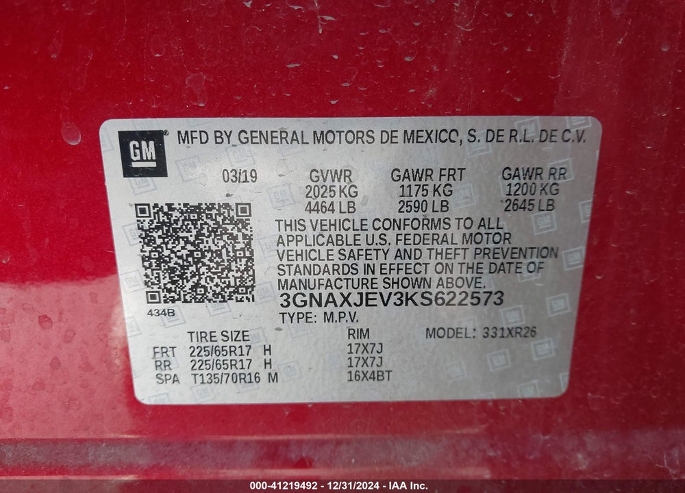 2019 CHEVROLET EQUINOX LT VIN: 3GNAXJEV3KS622573