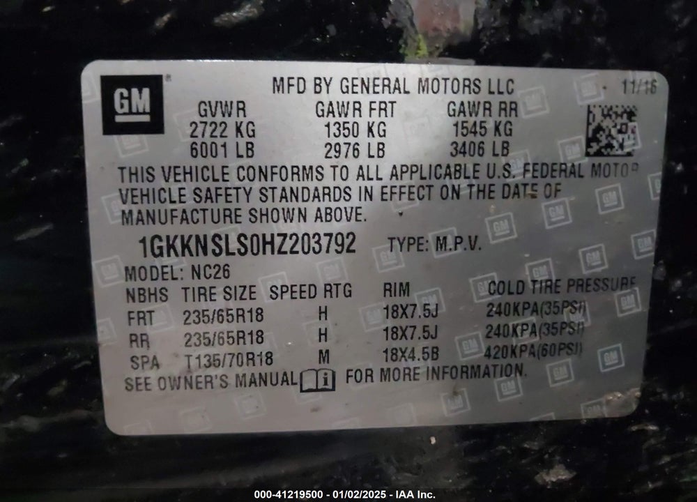 2017 GMC ACADIA SLE-2 VIN: 1GKKNSLS0HZ203792