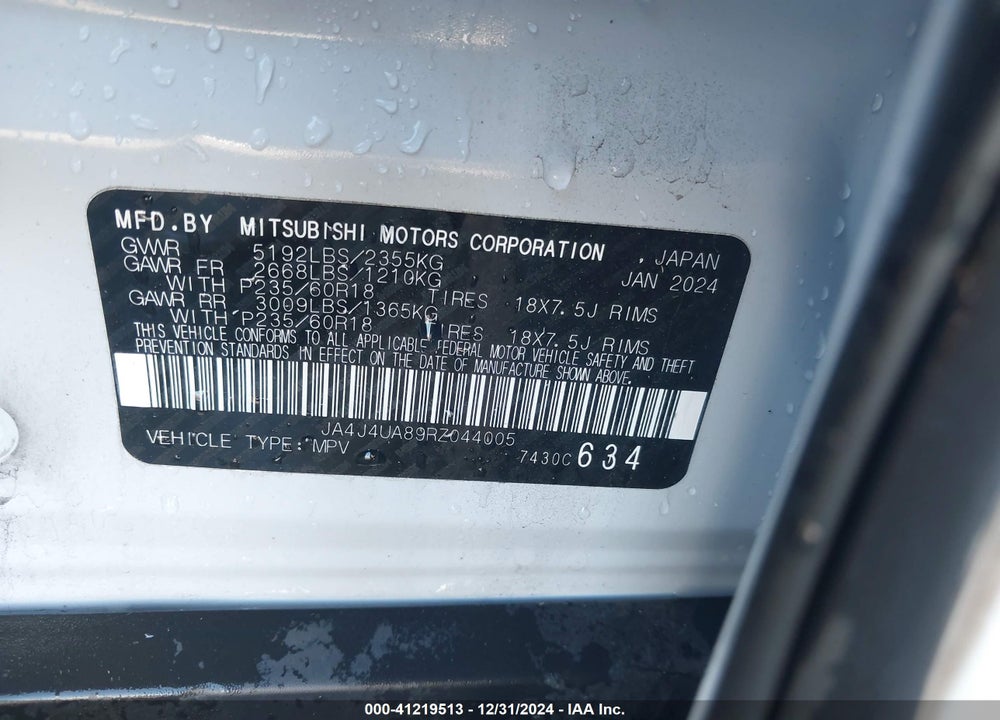 2024 MITSUBISHI OUTLANDER ES 2.5 S-AWC VIN: JA4J4UA89RZ044005