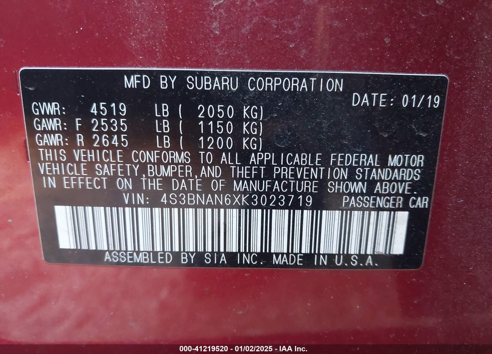 2019 SUBARU LEGACY VIN: 4S3BNAN6XK3023719