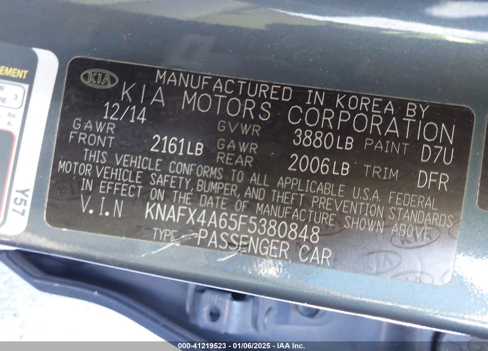 2015 KIA FORTE VIN: KNAFX4A65F5380848