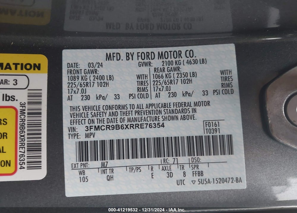 2024 FORD BRONCO SPORT BIG BEND VIN: 3FMCR9B6XRRE76354