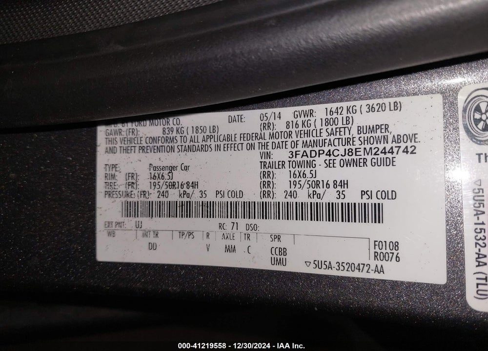 2014 FORD FIESTA VIN: 3FADP4CJ8EM244742