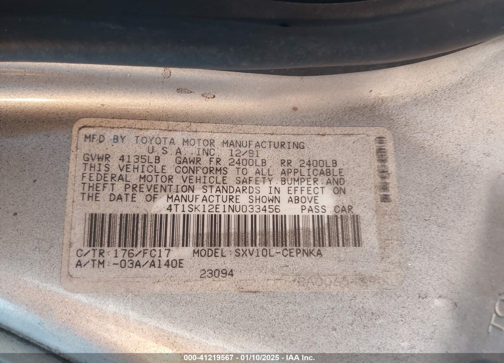 1992 TOYOTA CAMRY LE VIN: 4T1SK12E1NU033456