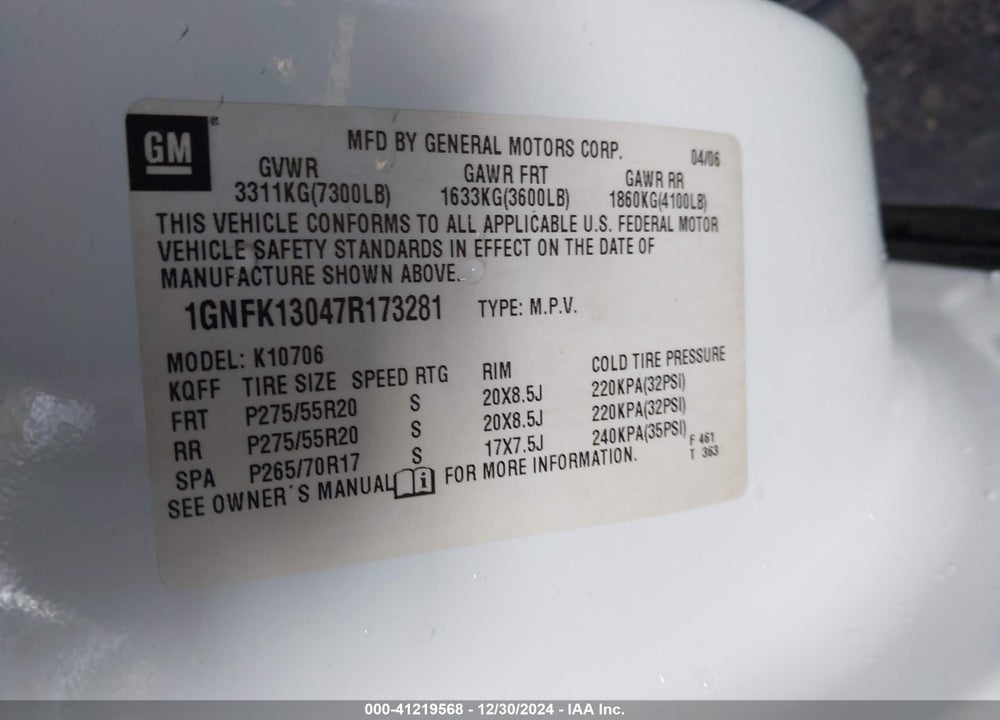 2007 CHEVROLET TAHOE LTZ VIN: 1GNFK13047R173281