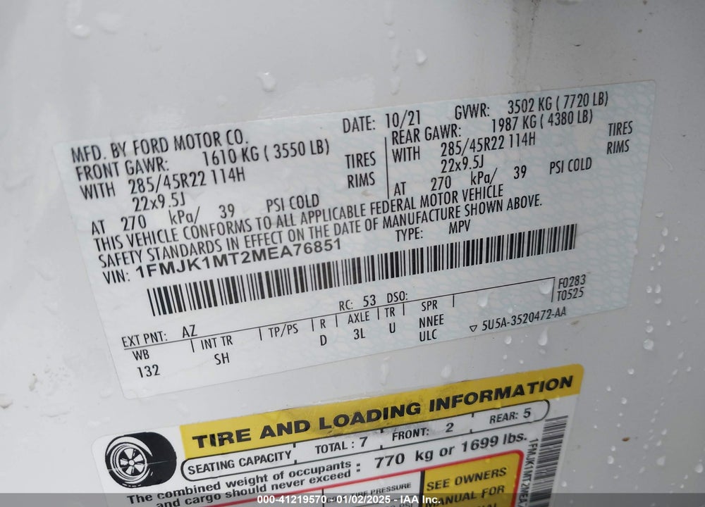 2021 FORD EXPEDITION PLATINUM MAX VIN: 1FMJK1MT2MEA76851