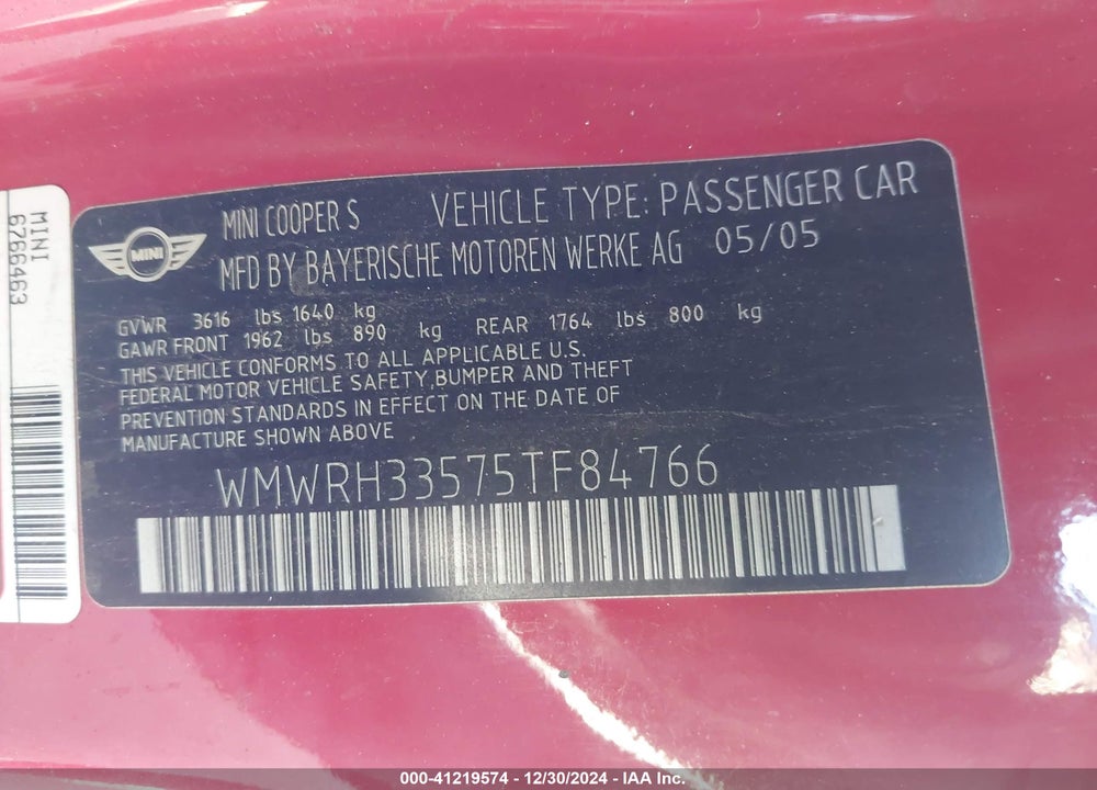 2005 MINI COOPER S VIN: WMWRH33575TF84766
