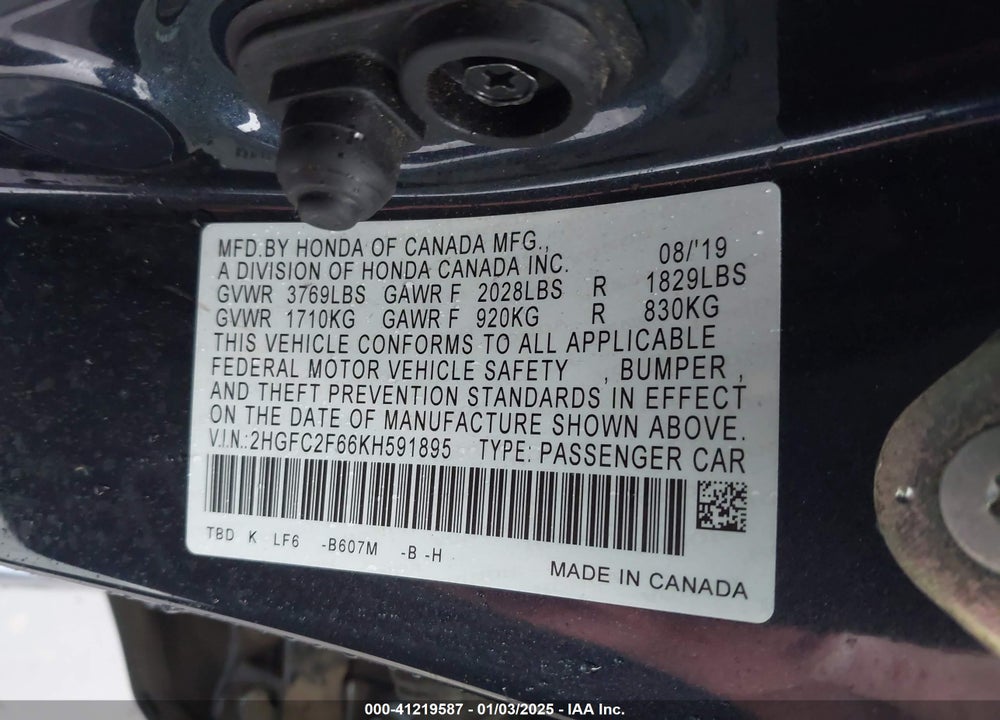 2019 HONDA CIVIC VIN: 2HGFC2F66KH591895
