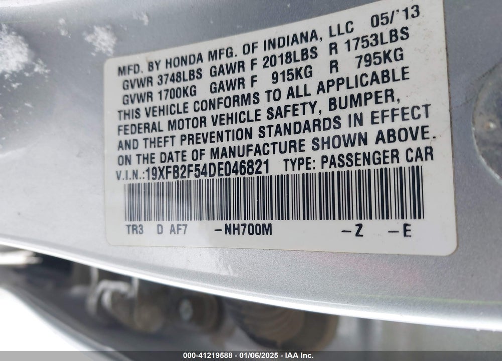 2013 HONDA CIVIC LX VIN: 19XFB2F54DE046821
