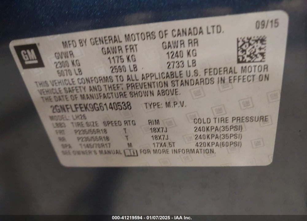 2016 CHEVROLET EQUINOX LT VIN: 2GNFLFEK9G6140538