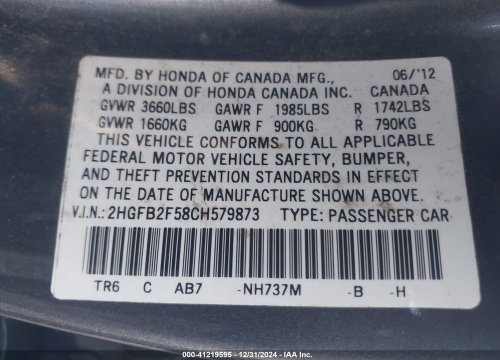 2012 HONDA CIVIC SDN LX VIN: 2HGFB2F58CH579873