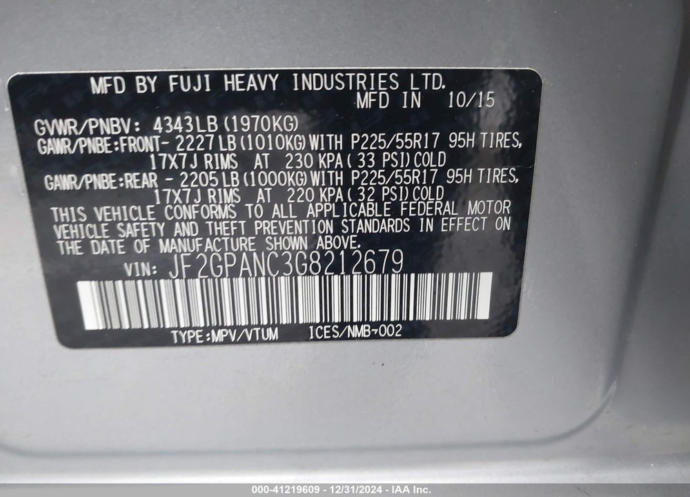 2016 SUBARU CROSSTREK VIN: JF2GPANC3G8212679