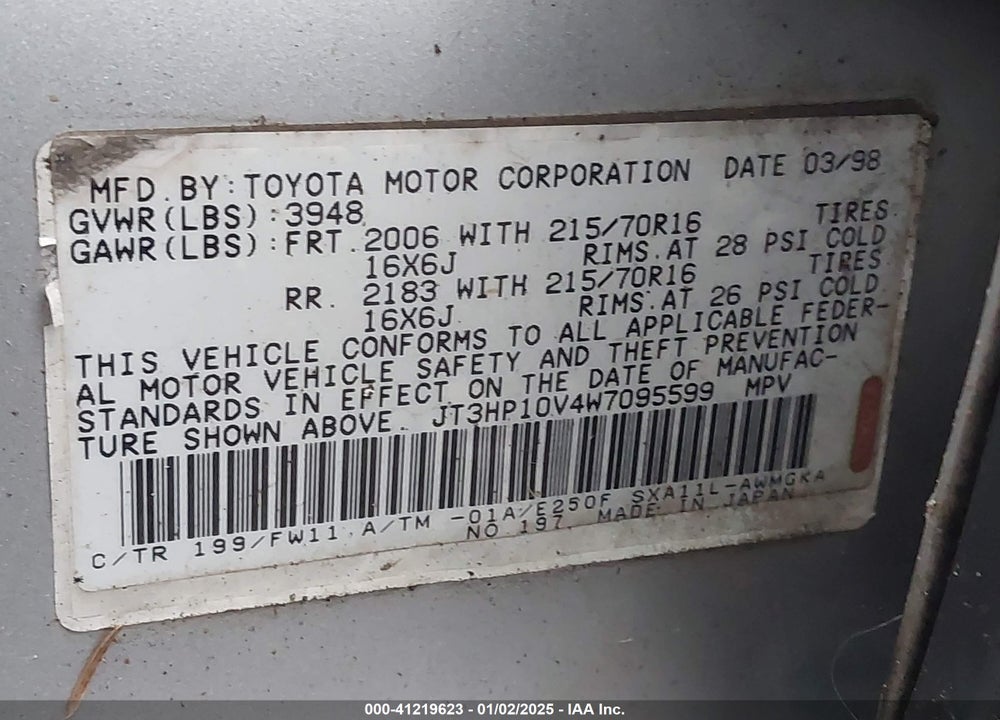 1998 TOYOTA RAV4 VIN: JT3HP10V4W7095599