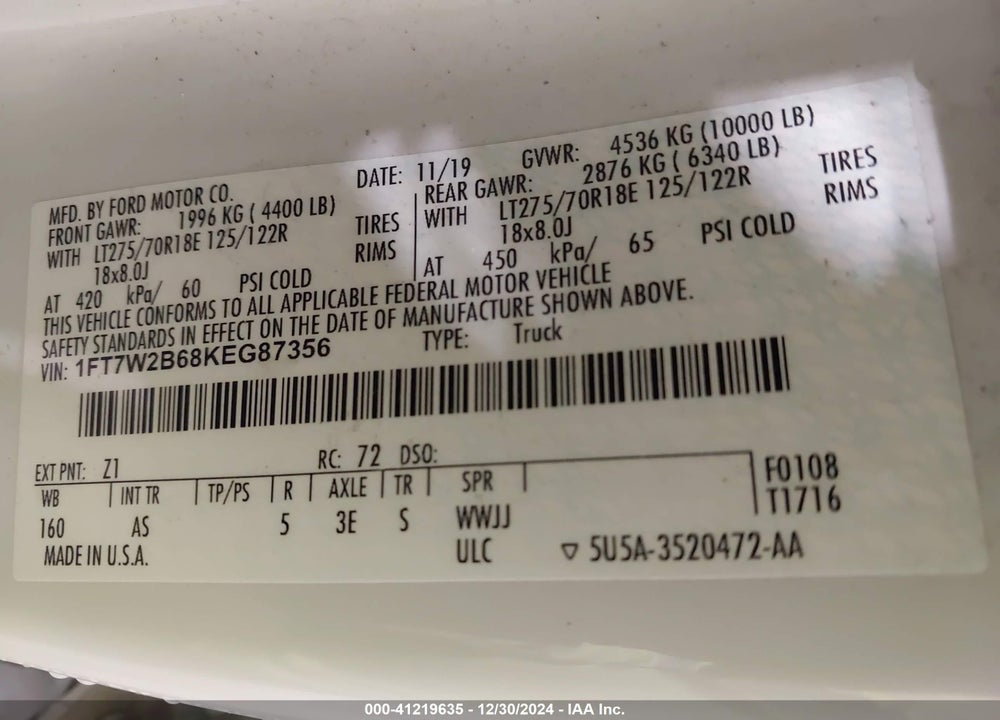2019 FORD F-250 XL VIN: 1FT7W2B68KEG87356
