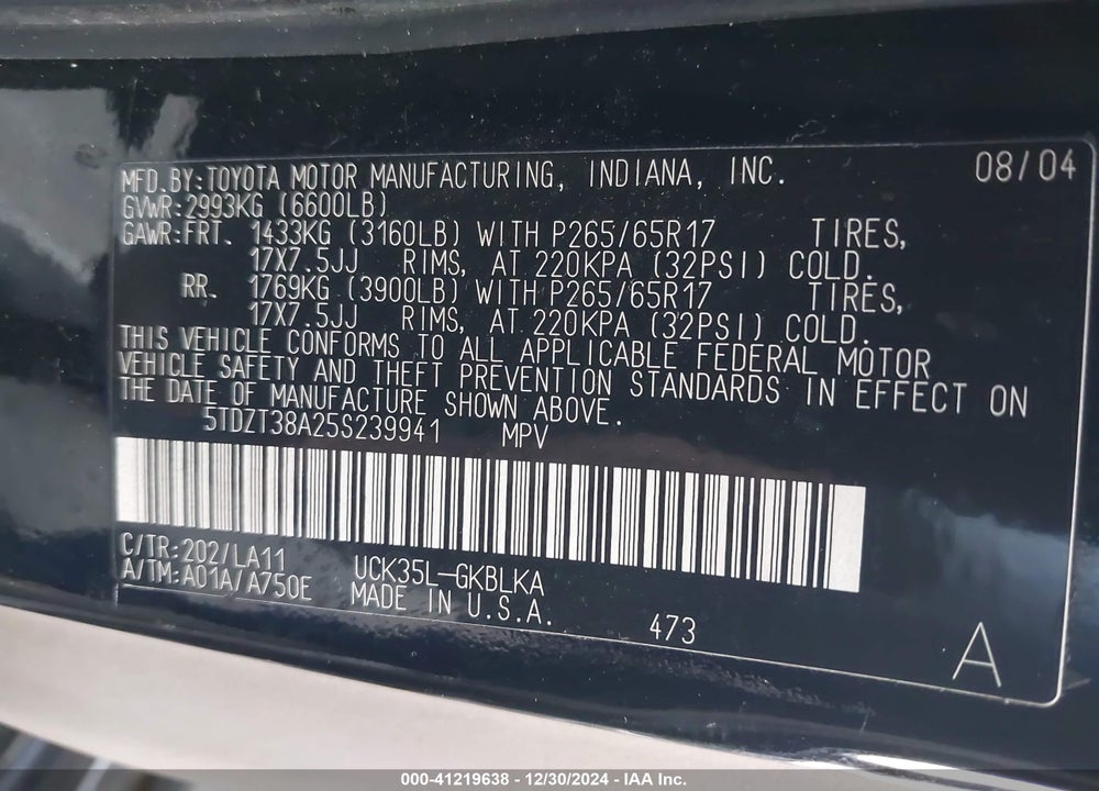 2005 TOYOTA SEQUOIA LIMITED V8 VIN: 5TDZT38A25S239941