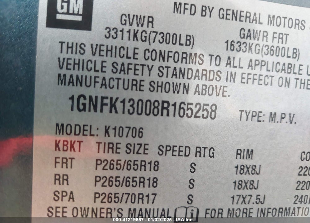 2008 CHEVROLET TAHOE LT VIN: 1GNFK13008R165258