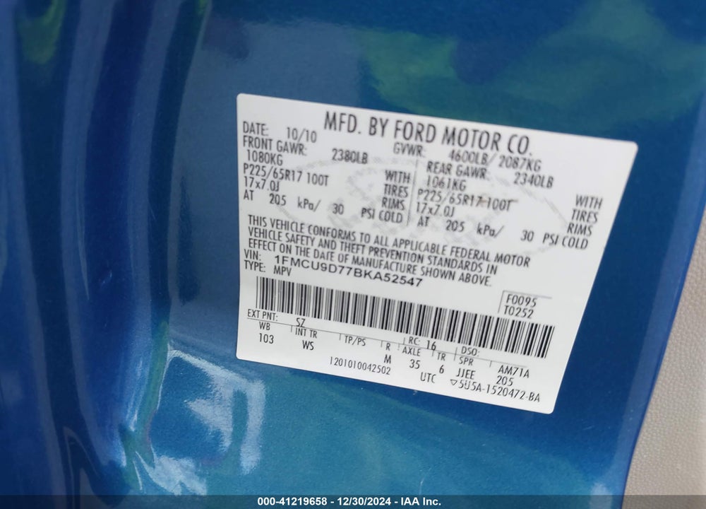 2011 FORD ESCAPE XLT VIN: 1FMCU9D77BKA52547