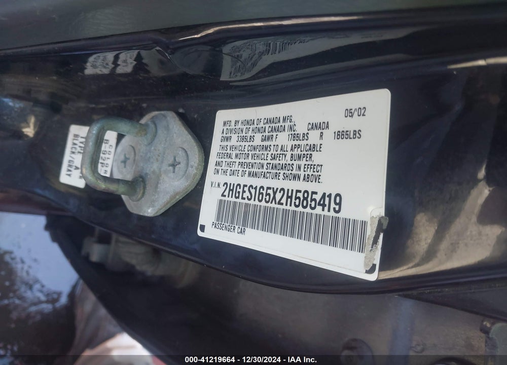 2002 HONDA CIVIC LX VIN: 2HGES165X2H585419
