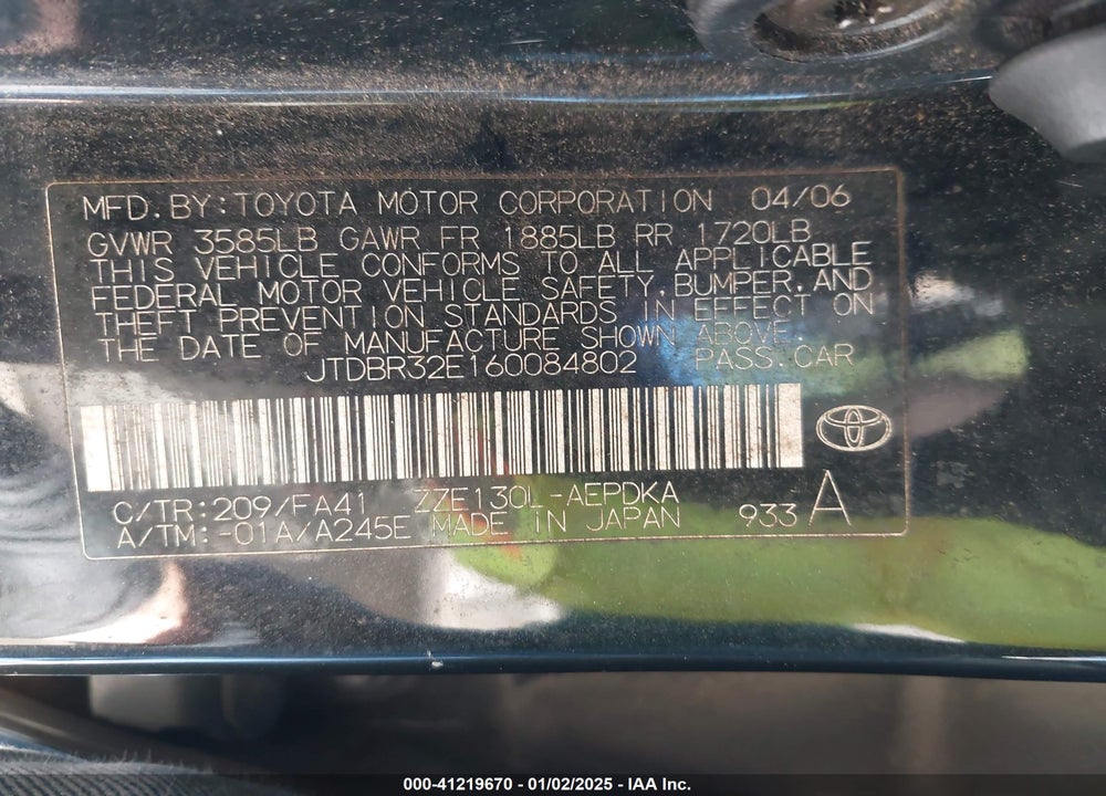 2006 TOYOTA COROLLA CE/LE VIN: JTDBR32E160084802