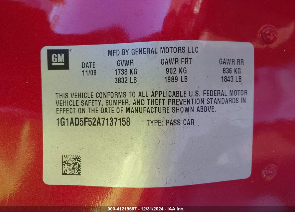 2010 CHEVROLET COBALT LT VIN: 1G1AD5F52A7137158