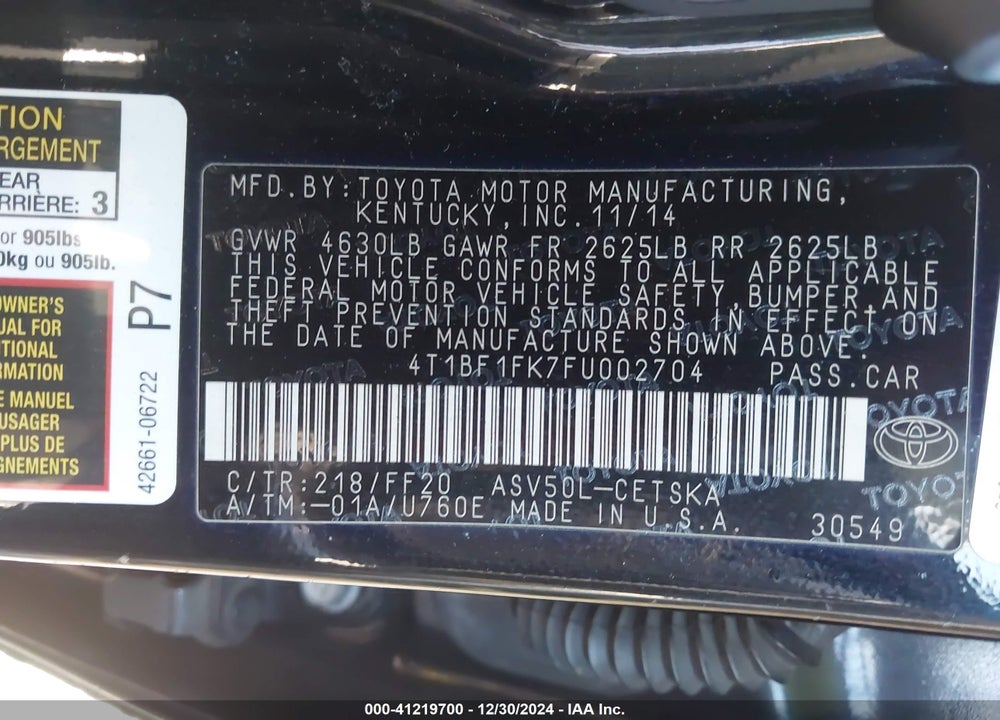 2015 TOYOTA CAMRY SE VIN: 4T1BF1FK7FU002704