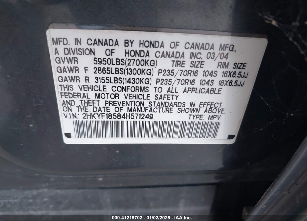 2004 HONDA PILOT EX-L VIN: 2HKYF18584H571249