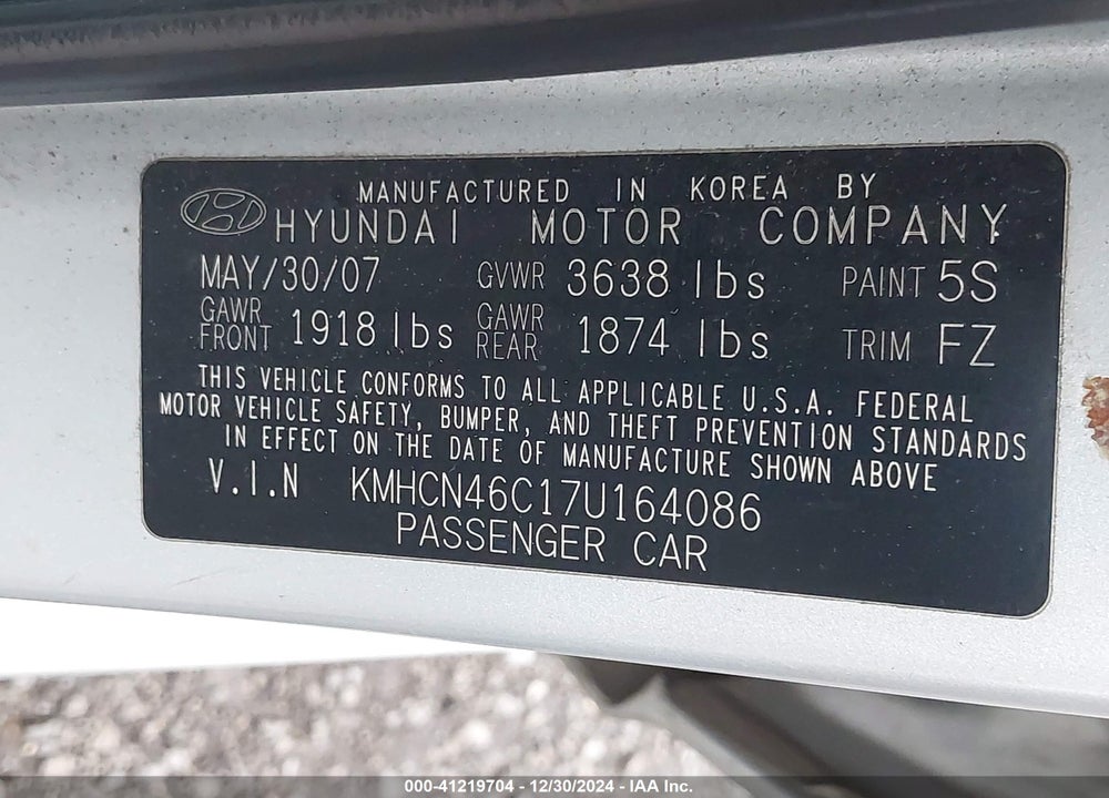 2007 HYUNDAI ACCENT GLS VIN: KMHCN46C17U164086