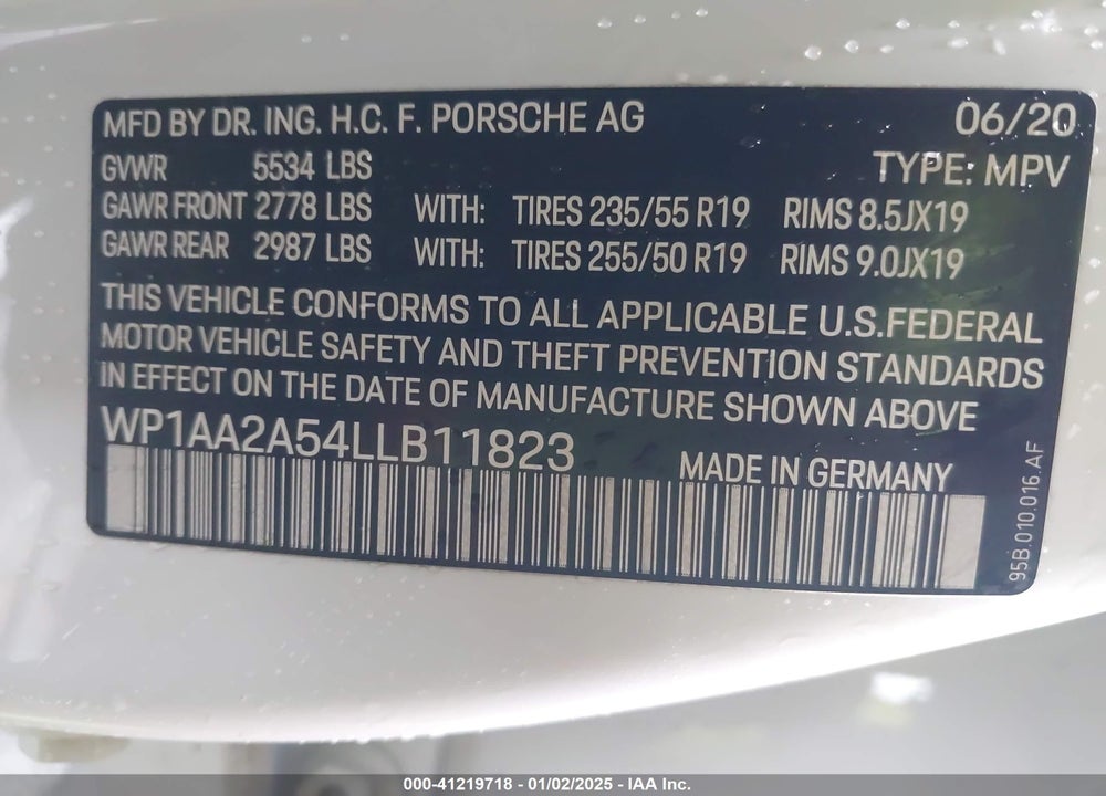2020 PORSCHE MACAN VIN: WP1AA2A54LLB11823