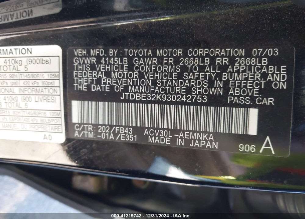 2003 TOYOTA CAMRY LE VIN: JTDBE32K930242753