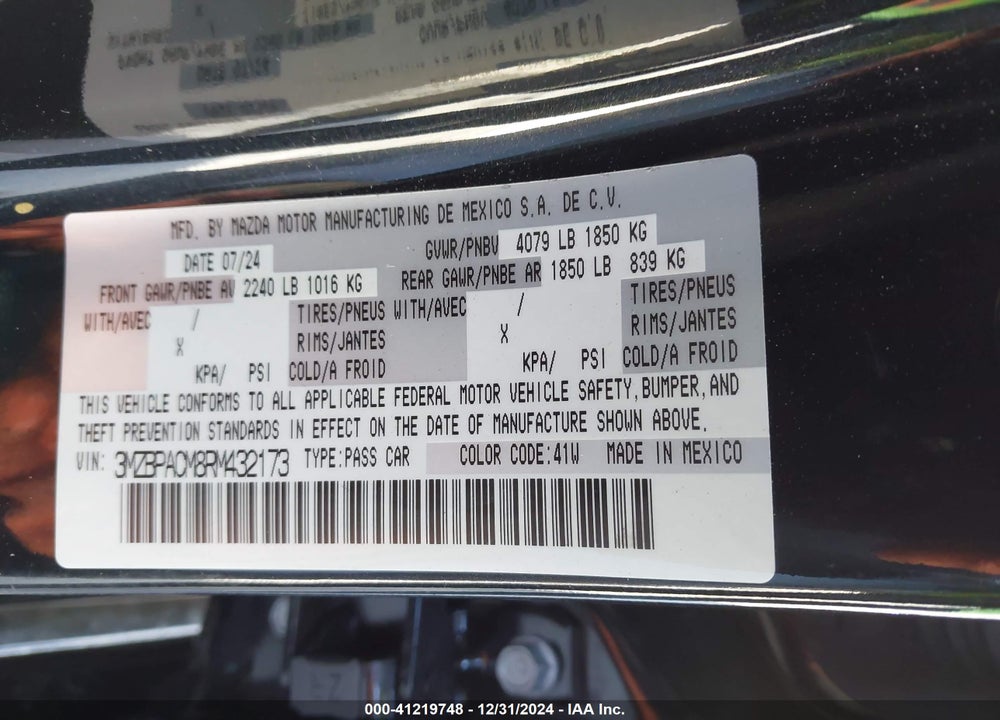 2024 MAZDA MAZDA3 VIN: 3MZBPACM8RM432173