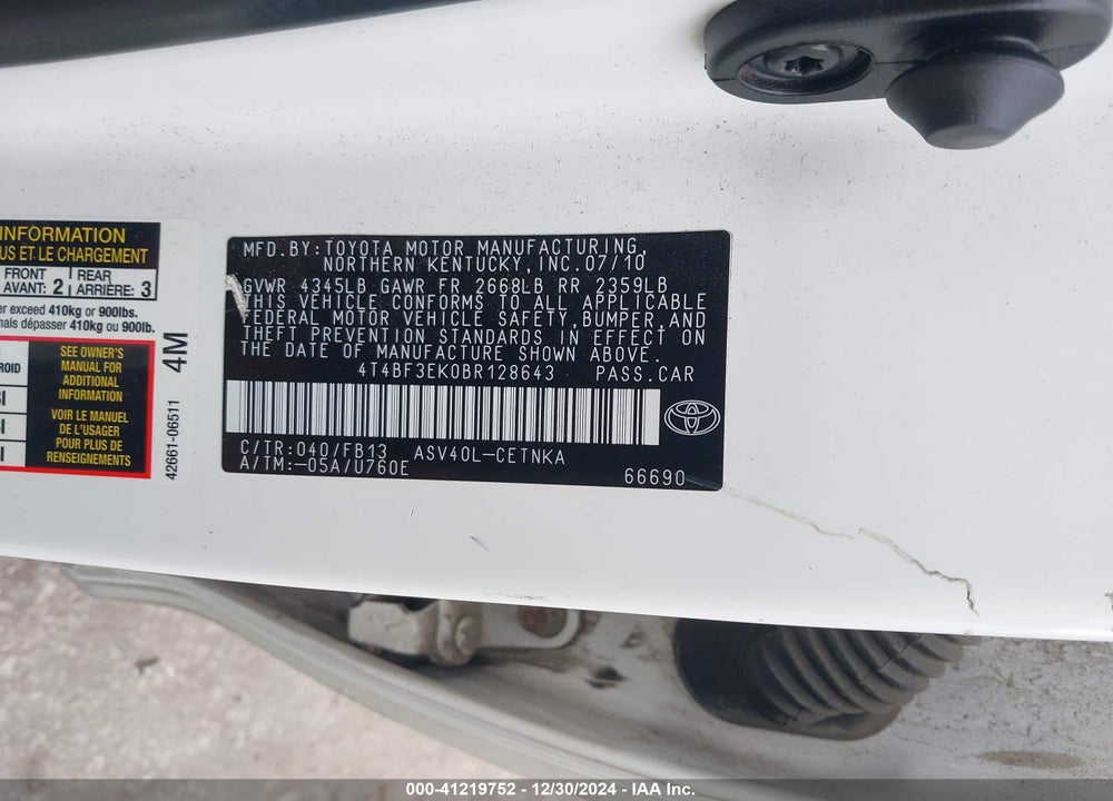 2011 TOYOTA CAMRY LE VIN: 4T4BF3EK0BR128643