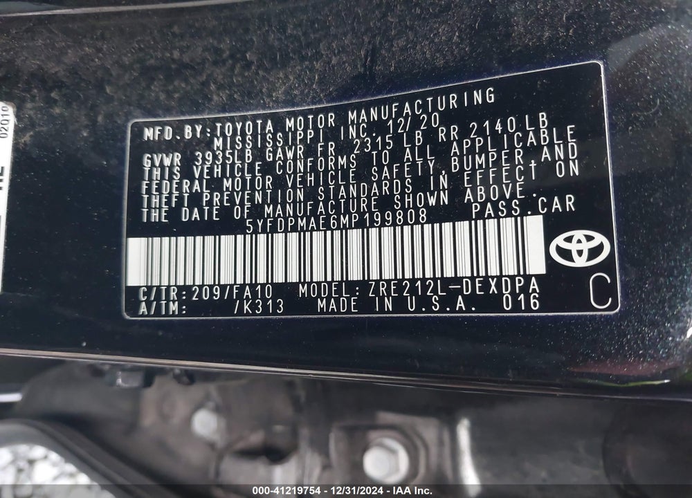 2021 TOYOTA COROLLA L VIN: 5YFDPMAE6MP199808