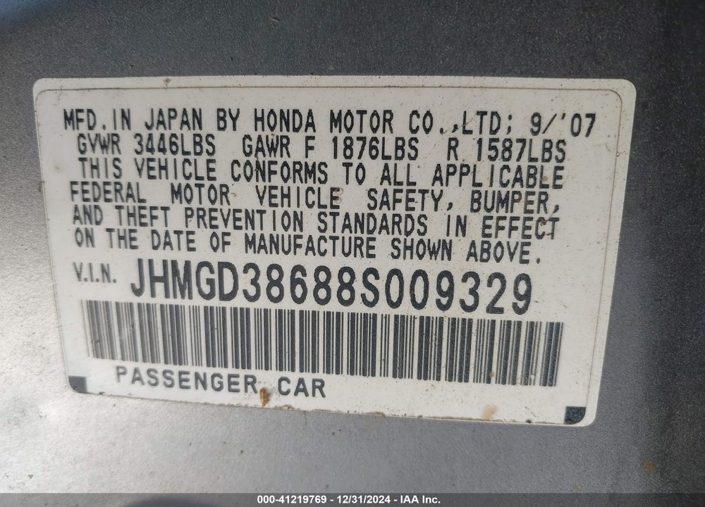 2008 HONDA FIT SPORT VIN: JHMGD38688S009329