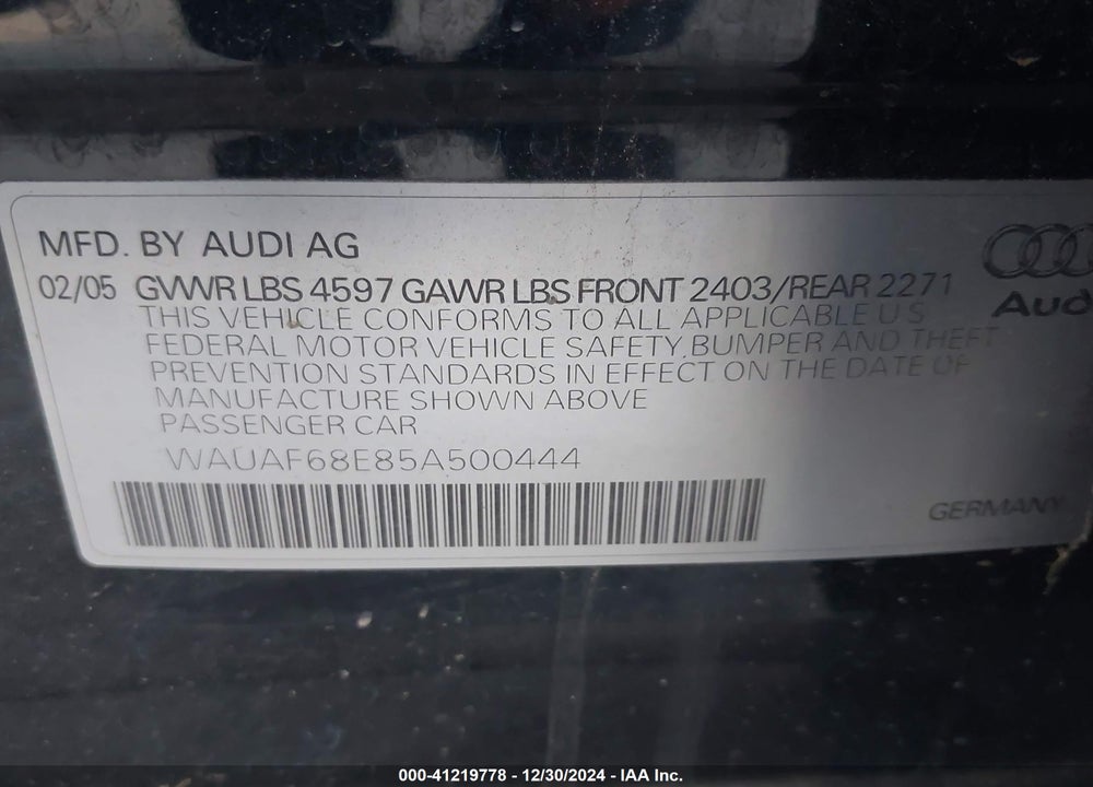 2005 AUDI A4 2.0T VIN: WAUAF68E85A500444