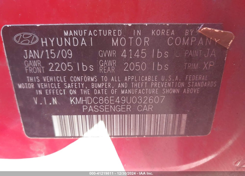 2009 HYUNDAI ELANTRA TOURING VIN: KMHDC86E49U032607