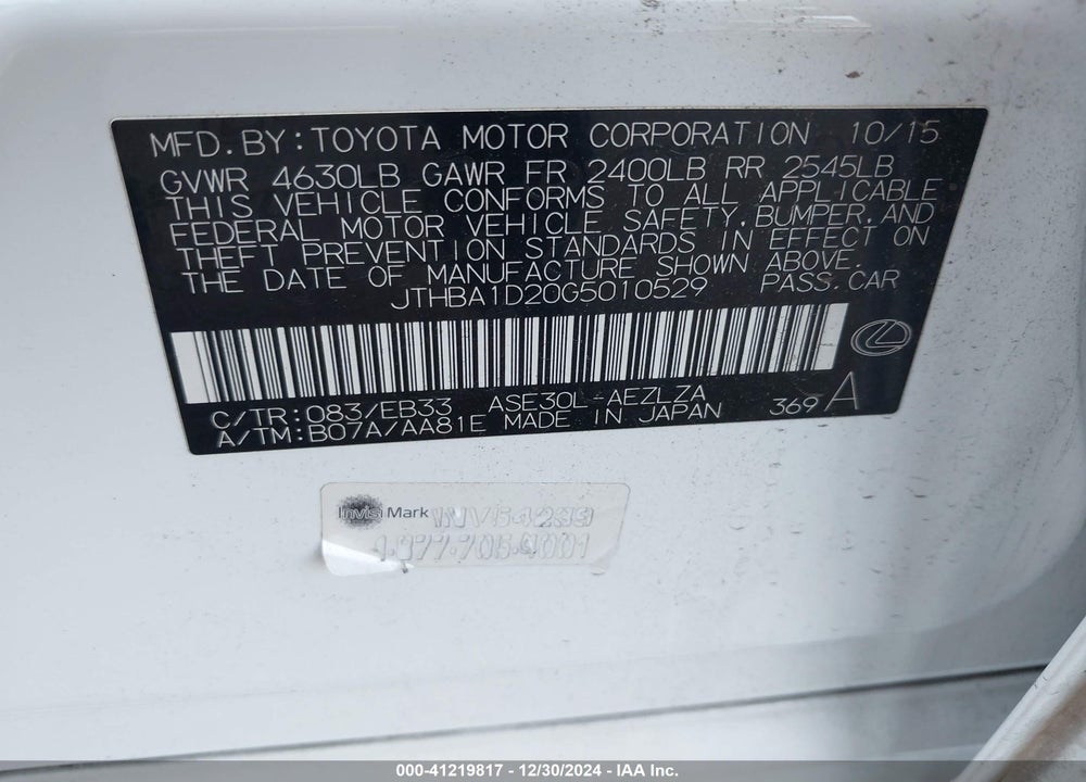 2016 LEXUS IS 200T VIN: JTHBA1D20G5010529