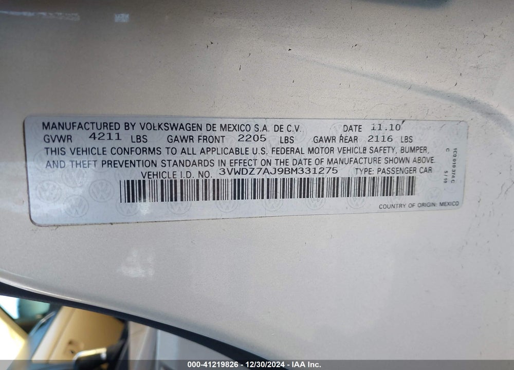 2011 VOLKSWAGEN JETTA 2.5L SE VIN: 3VWDZ7AJ9BM331275