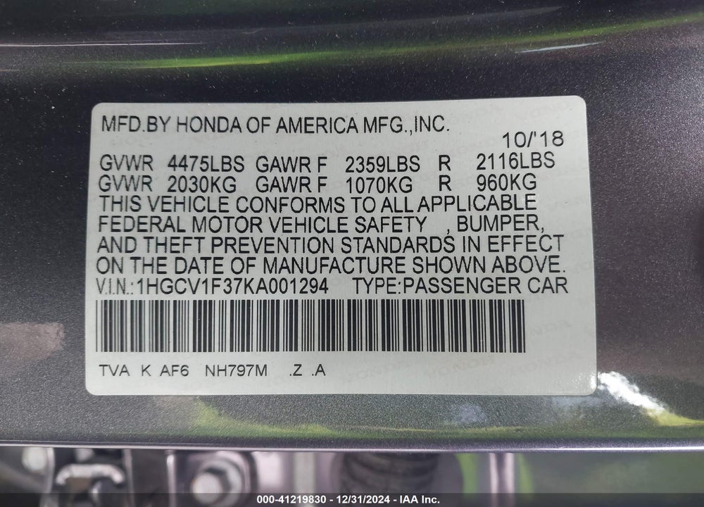 2019 HONDA ACCORD SPORT VIN: 1HGCV1F37KA001294