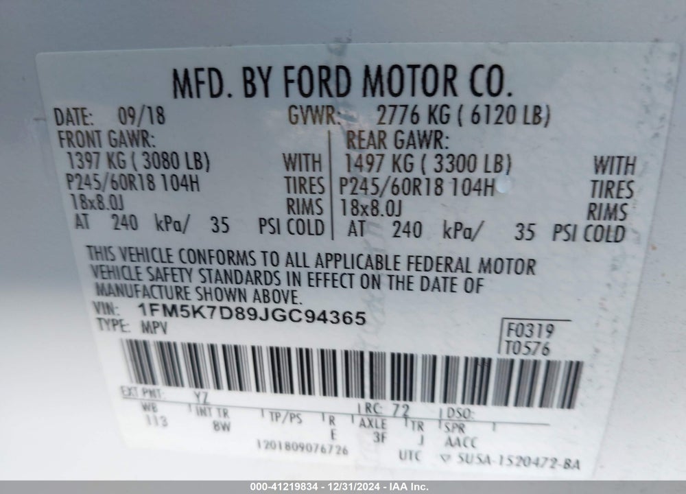 2018 FORD EXPLORER XLT VIN: 1FM5K7D89JGC94365