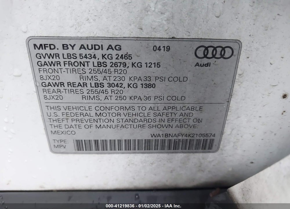 2019 AUDI Q5 45 PREMIUM VIN: WA1BNAFY4K2105574