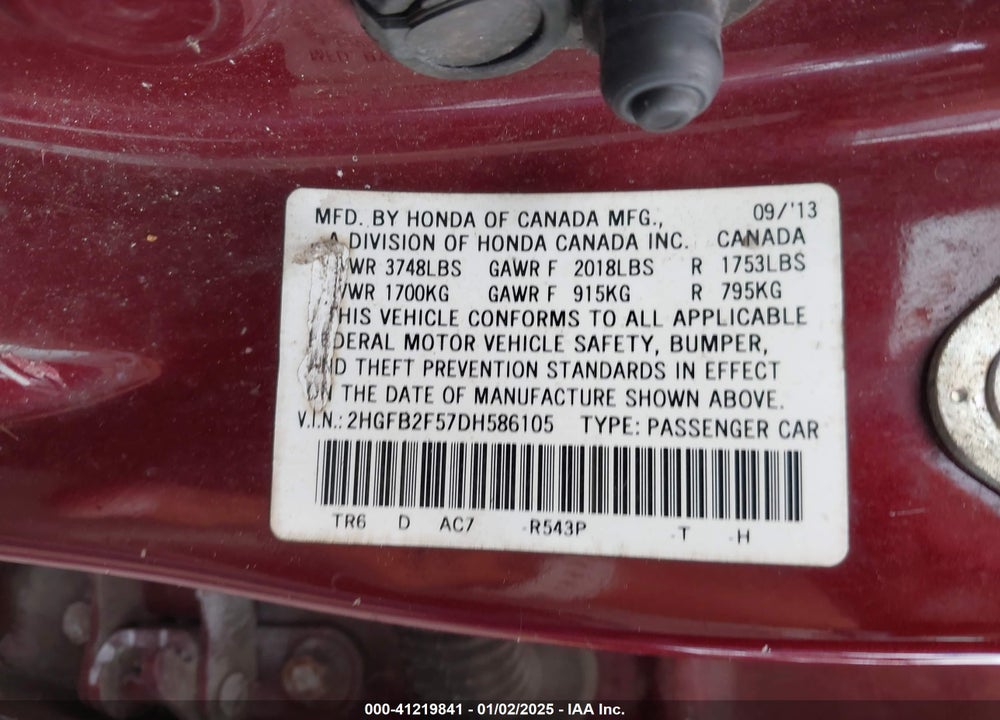 2013 HONDA CIVIC VIN: 2HGFB2F57DH586105